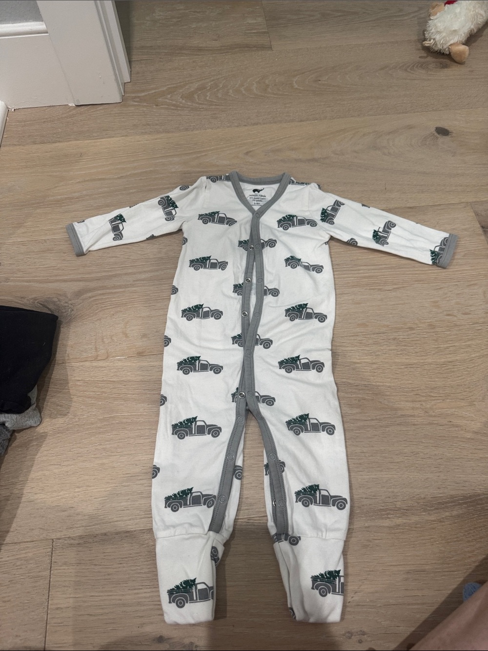 Unbranded White Baby Footie with Gray Trim and Green Truck Print